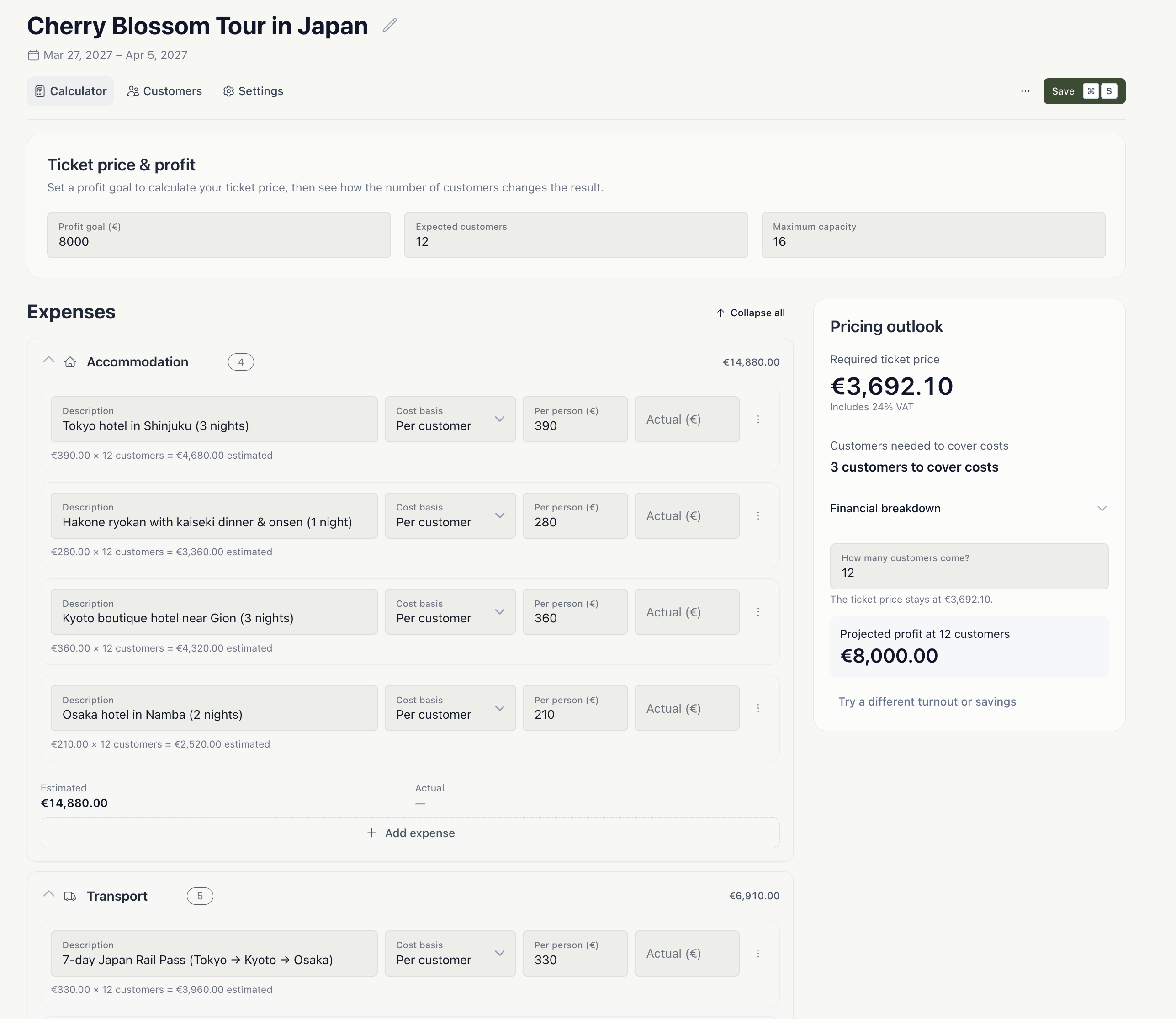 Scenarity scenario builder showing workshop expenses and a live price calculation